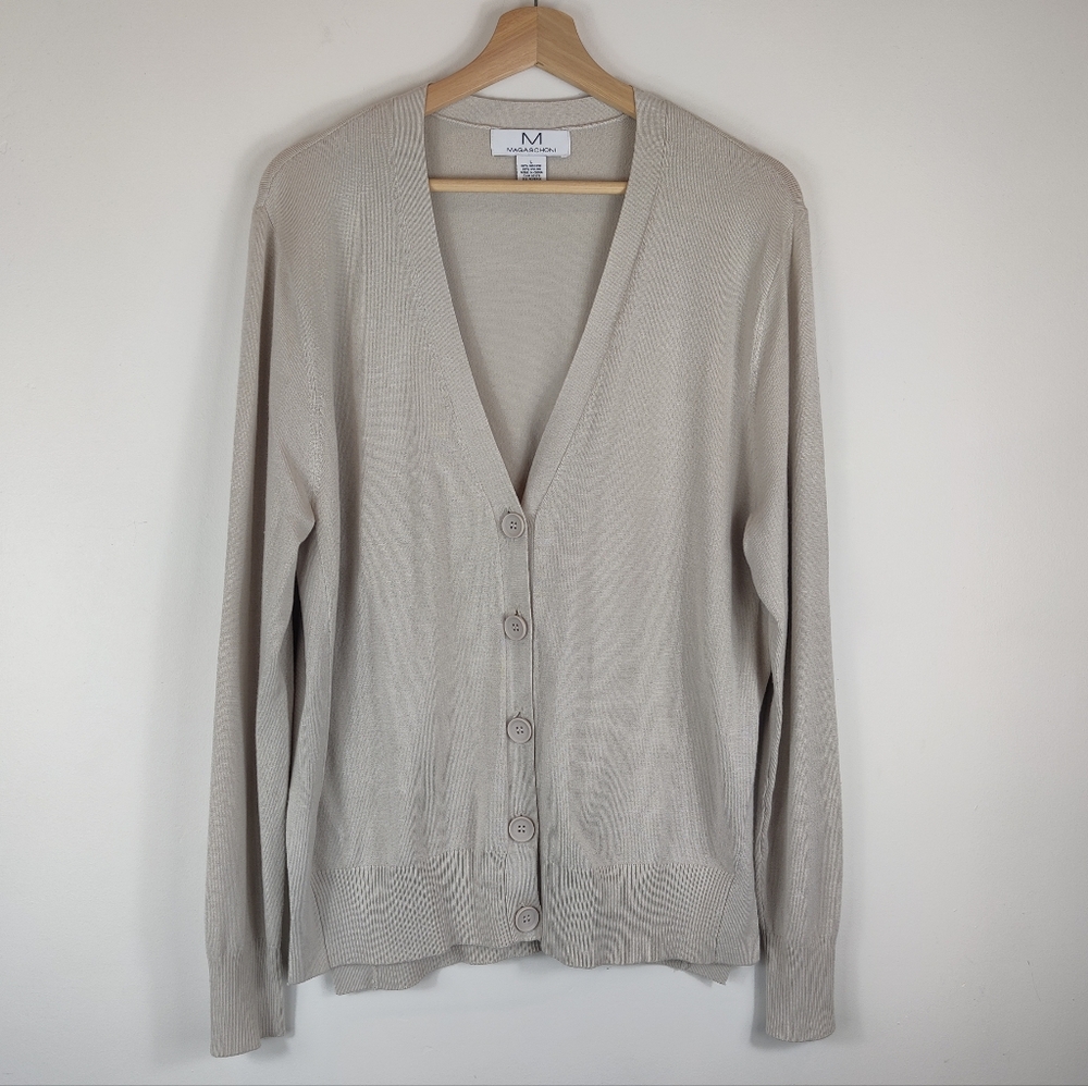 Magaschoni Beige Cream Knit Cardigan Sweater V-Neck Button Down Size Large
